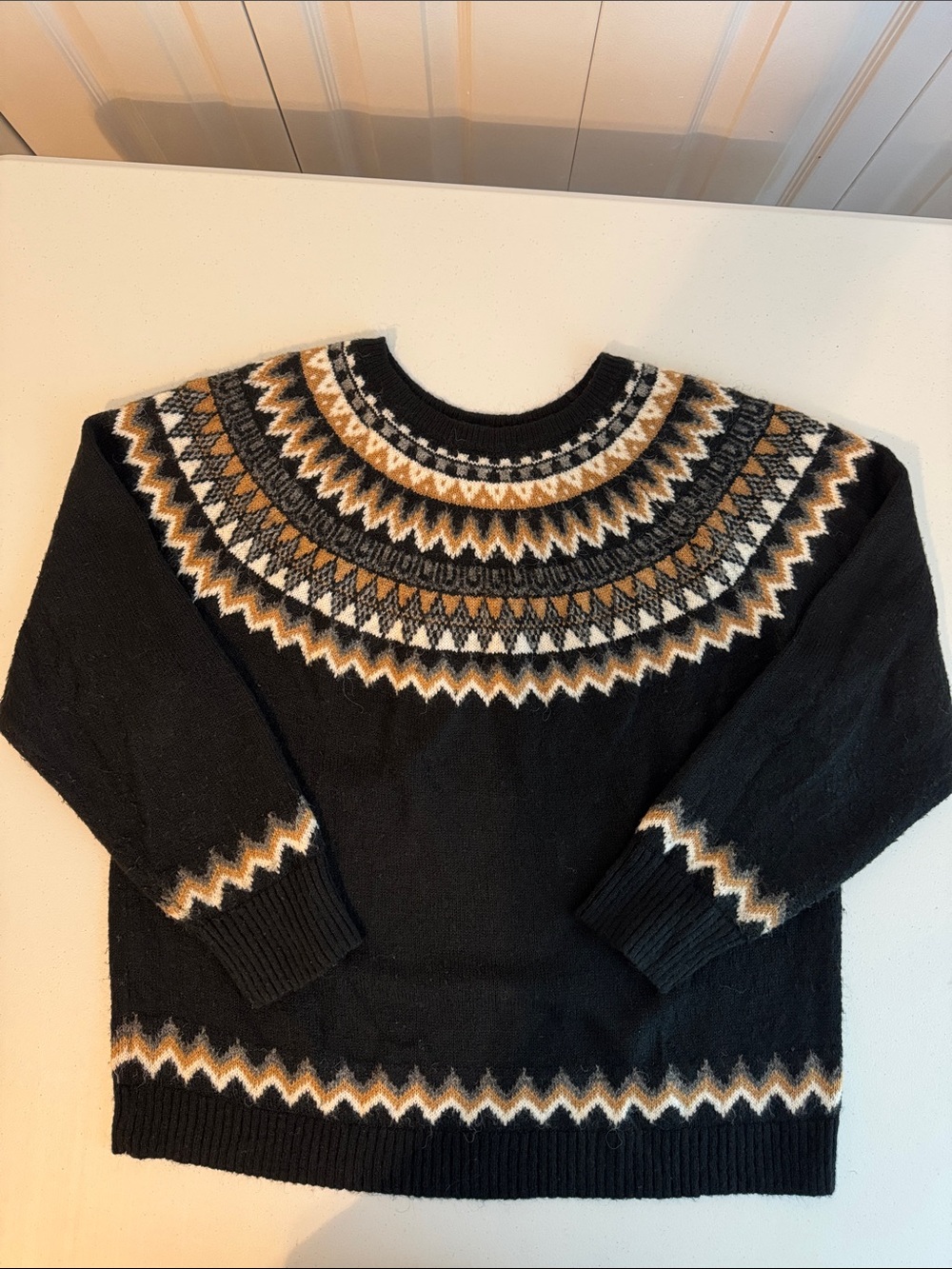 Talbots women’s Black Fair Isle Crewneck Sweater with Tan & Cream Pattern